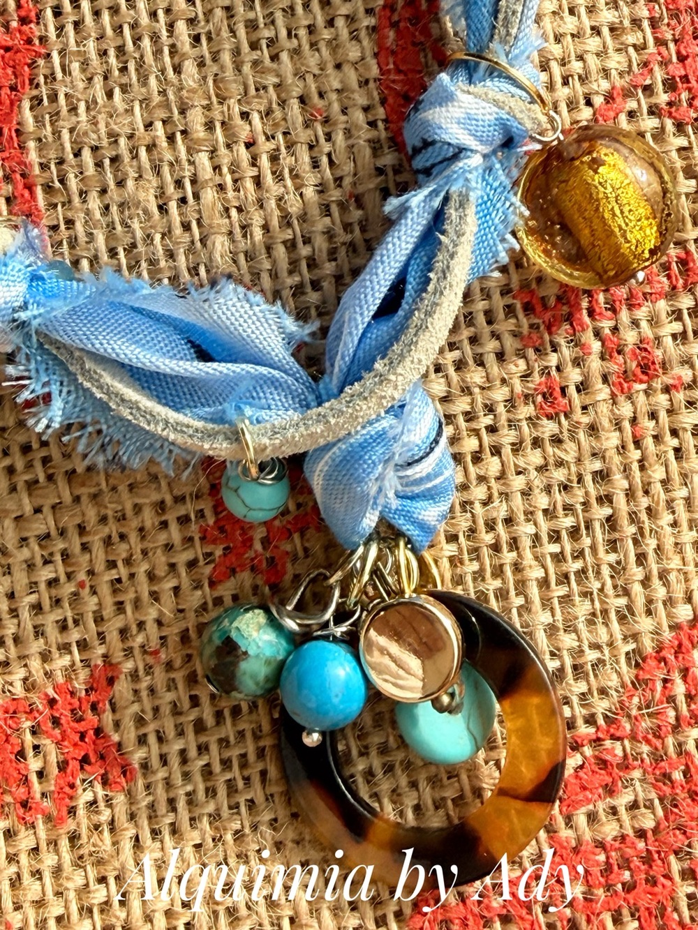 Turquoise and Light Blue bandanna suede Boho Charm Necklace